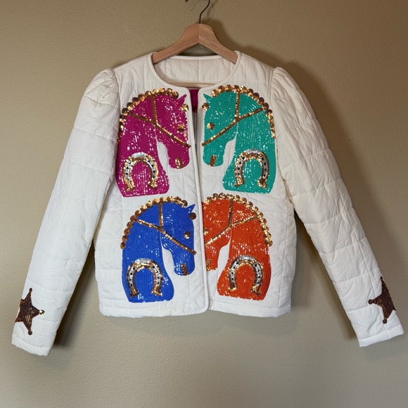 QUEEN OF SPARKLES Jackets & Blazers - QUEEN OF SPARKLES White Sequin Horse Quilted Jacket NWT Size XS